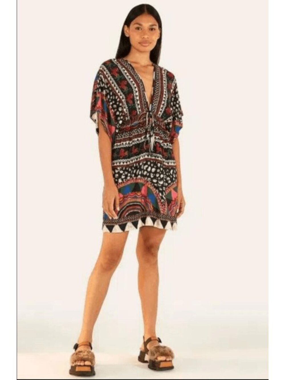 Farm Rio Jaguar Prtint Kaftan Mini Dress Multicolor Colorful Tribal Small
